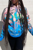 Blue Casual Print Patchwork Hooded Collar Tops