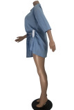 Blue Fashion Casual Solid Cardigan Turndown Collar Three Quarter Two Pieces