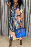 Blue Orange Sexy Print Split Joint Zipper Collar One Step Skirt Dresses