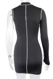 Black Fashion Sexy Patchwork Asymmetrical Half A Turtleneck Long Sleeve Dresses