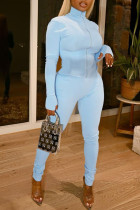 Baby Blue Fashion Sexy Solid Split Joint Zipper Collar Long Sleeve Two Pieces