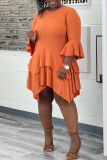 Orange Fashion Casual Solid Patchwork O Neck Irregular Dress pre-sale