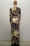 Multicolor Sexy Print Patchwork Draw String High Opening Asymmetrical O Neck Long Sleeve Two Pieces