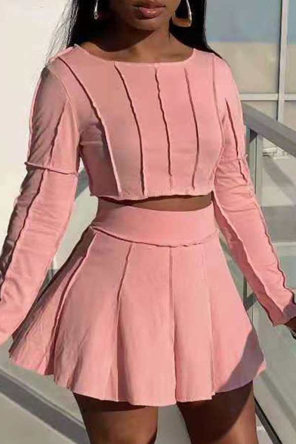 Pink Casual Solid Patchwork O Neck Long Sleeve Two Pieces