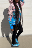 Blue Casual Print Patchwork Hooded Collar Tops
