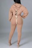 Light Coffee Fashion Casual Solid Bandage Hooded Collar Long Sleeve Two Pieces
