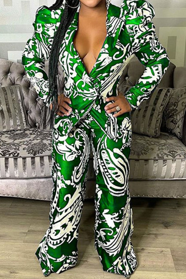 Green Casual Print Patchwork Turn-back Collar Long Sleeve Two Pieces