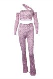 Pink Fashion Sexy Print Patchwork Backless Off the Shoulder Long Sleeve Two Pieces