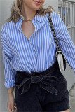 Blue Fashion Casual Striped Print Cardigan Turndown Collar Tops