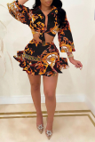 Rose Red Sexy Print Patchwork Turndown Collar Long Sleeve Two Pieces