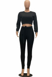 Black Fashion Casual Solid With Belt O Neck Long Sleeve Two Pieces