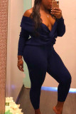 Deep Blue Casual Cross-over Design Two-piece Pants Set