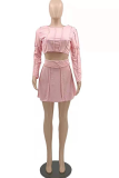 Pink Casual Solid Patchwork O Neck Long Sleeve Two Pieces
