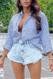 Blue Fashion Casual Striped Print Cardigan Turndown Collar Tops