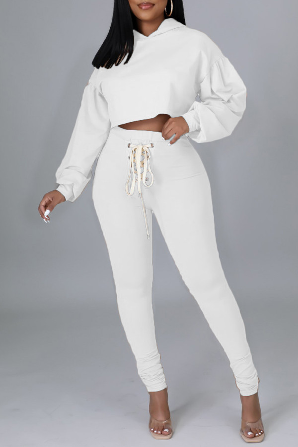 White Fashion Casual Solid Bandage Hooded Collar Long Sleeve Two Pieces