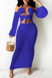 Blue Fashion Sexy Solid Hollowed Out Off the Shoulder A Line Dresses