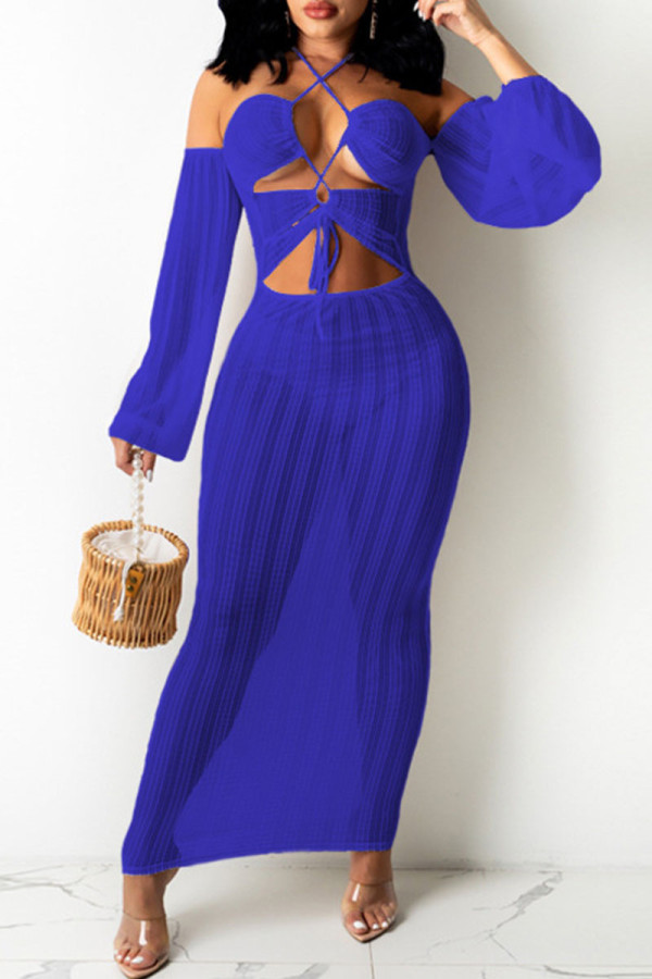 Blue Fashion Sexy Solid Hollowed Out Off the Shoulder A Line Dresses