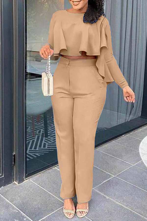 Khaki Fashion Casual Solid Patchwork O Neck Long Sleeve Two Pieces