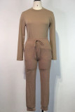 Light Coffee Fashion Casual Solid Patchwork O Neck Long Sleeve Two Pieces