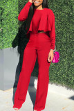 Red Fashion Casual Solid Patchwork O Neck Long Sleeve Two Pieces