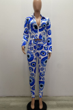 Peacock Blue Sexy Print Patchwork Turndown Collar Long Sleeve Two Pieces