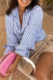 Blue Fashion Casual Striped Print Cardigan Turndown Collar Tops