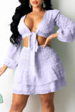 Purple Sexy Solid Bandage Flounce V Neck Long Sleeve Two Pieces