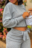 Grey Fashion Casual Solid Basic O Neck Long Sleeve Two Pieces