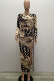 Multicolor Sexy Print Patchwork Draw String High Opening Asymmetrical O Neck Long Sleeve Two Pieces