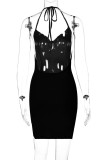 Black Sexy Solid Bandage Backless Slit Halter Sleeveless Dress