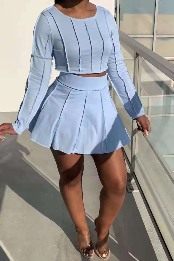 Baby Blue Casual Solid Patchwork O Neck Long Sleeve Two Pieces