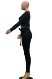 Black Fashion Casual Solid With Belt O Neck Long Sleeve Two Pieces