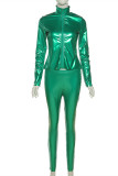 Green Fashion Casual Solid Patchwork Zipper Collar Long Sleeve Two Pieces