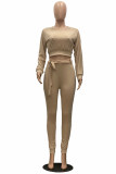 Black Fashion Casual Solid With Belt O Neck Long Sleeve Two Pieces