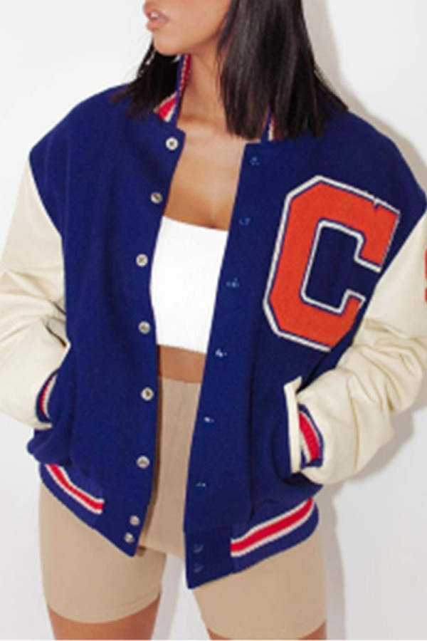 Blue Fashion Casual Patchwork Letter Outerwear