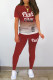 Burgundy Fashion Casual Gradual Change Letter Print Ripped O Neck Short Sleeve Two Pieces