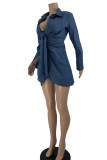 Blue Fashion Casual Solid Frenulum Flounce Turndown Collar Long Sleeve Dresses