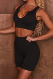Black Casual Sportswear Solid Vest Top Shorts Skinny Two-piece Set