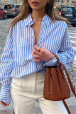 Blue Fashion Casual Striped Print Cardigan Turndown Collar Tops
