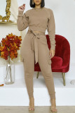Black Fashion Casual Solid With Belt O Neck Long Sleeve Two Pieces
