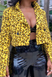 Yellow Turndown Collar Leopard Nylon Print Long Sleeve Outerwear