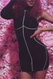 Black Fashion Sexy Patchwork Asymmetrical Half A Turtleneck Long Sleeve Dresses