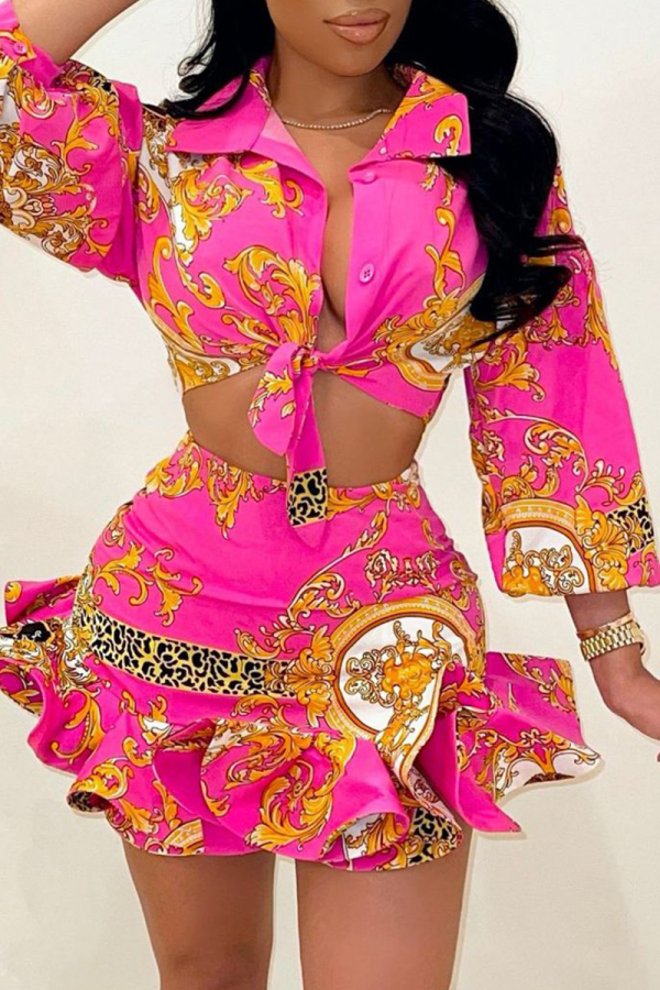Rose Red Sexy Print Patchwork Turndown Collar Long Sleeve Two Pieces