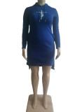 Blue Fashion Casual Print Slit Hooded Collar Long Sleeve Plus Size Dresses