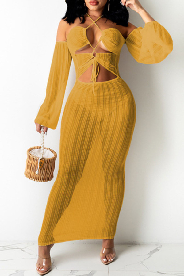 Orange Fashion Sexy Solid Hollowed Out Off the Shoulder A Line Dresses