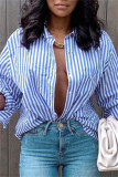 Blue Fashion Casual Striped Print Cardigan Turndown Collar Tops