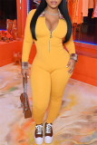 Yellow Fashion Casual Patchwork Solid Color Zipper Collar Skinny Jumpsuits