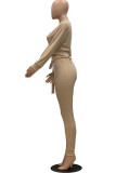Black Fashion Casual Solid With Belt O Neck Long Sleeve Two Pieces
