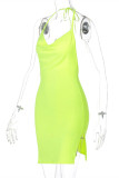 Green Yellow Sexy Solid Bandage Backless Slit Halter Sleeveless Dress
