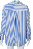 Blue Fashion Casual Striped Print Cardigan Turndown Collar Tops